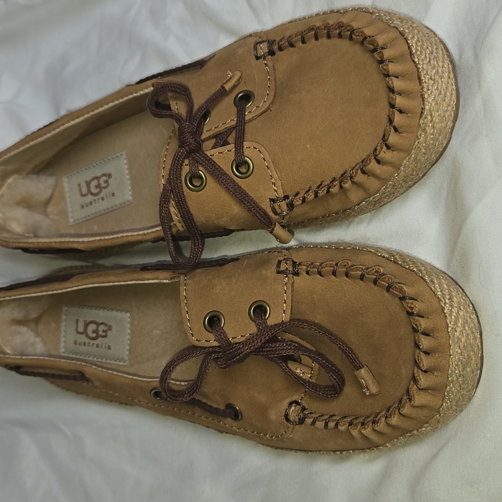 UGG TYLIN 6 NWOB DECK SHOE Chestnut Nubuck Leather Lamb Fur Lined Boat Classic - Picture 7 of 16